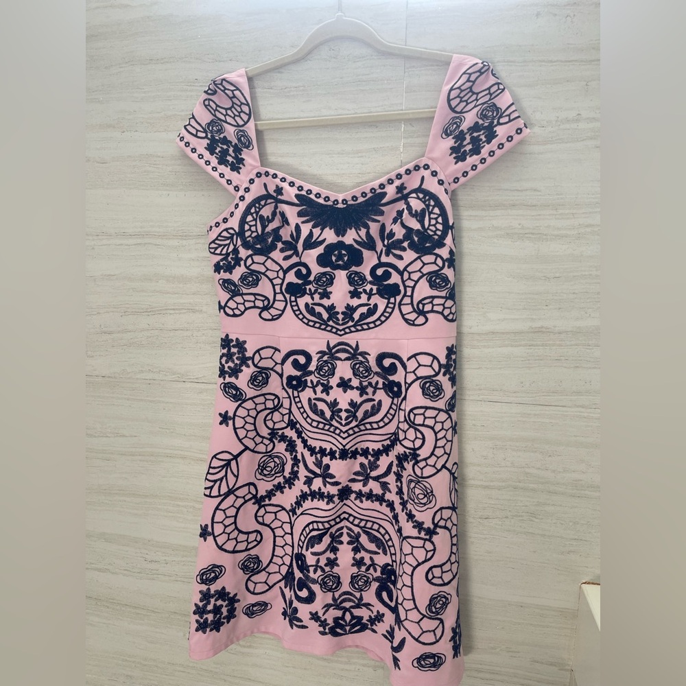 foxiedox Pink Midi Dress with Navy Floral Embroidery